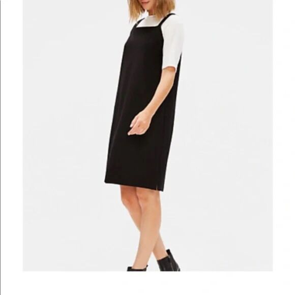 Eileen Fisher Stretch Crepe Square Neck Knee Length Jumper Dress in Black Size M - Picture 4 of 12
